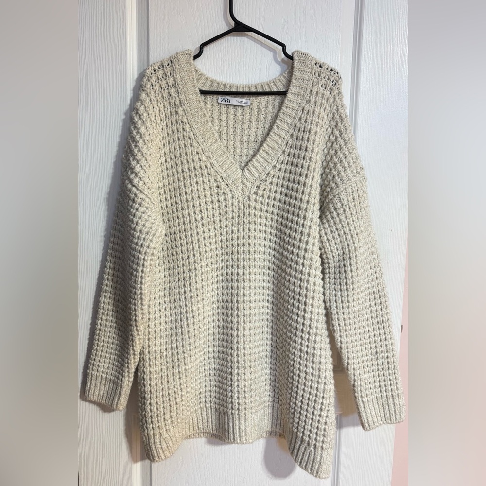 Zara Chunky Oversized Knit V-Neck Warm Cozy Soft Cream Sweater Size Large - Picture 7 of 12